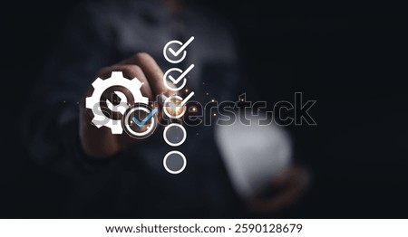 An engineering process checklist system focusing on performance verification and workflow control. Represents efficiency, compliance and quality assurance in technical and operational processes