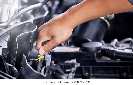 Engineering, Repair And Mechanic Working On A Car, Doing A Service And Check For Problem With The Engine At A Workshop. Hands Of A Transportation Technician Doing Maintenance On A Van Or Vehicle