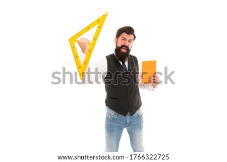 Engineering is science to solve problems. Excited hipster hold triangle and book isolated on white. Teaching engineering discipline. Engineering drawings. Applied mathematics. Engineering and design.