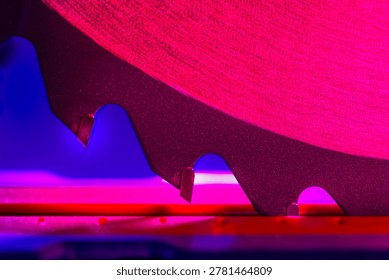 Engineering Series : A high precision miter saw blade showcases the evolution of woodworking technology through neon lit carbide tipped teeth. This industrial masterpiece blends abstract art with engineering ingenuity representing the sophisticated craftsmanship required for intricate furniture manufacturing and cross cutting excellence.