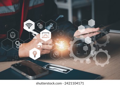 Engineering services concept. Electrical engineer use computer laptop checking and analysis data of power plant station project, internet system network, electric, energy, robotic. Industry engineer