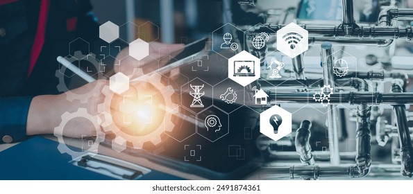 Engineering services concept. Electrical engineer use computer laptop checking and analysis data of power plant station project, internet system network, electric, energy, robotic. Industry engineer - Powered by Shutterstock - Get 15% off with code: PIKWIZARD15