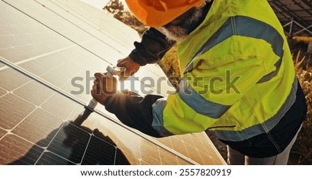 Engineering, solar panel and man with tools, electricity and safety with sustainability. Employee, professional or person with equipment, clean energy and maintenance with power grid and eco friendly