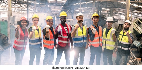 Engineering Team With Technician And Worker Operating. Group Photo In Factory, Teamwork Concept.