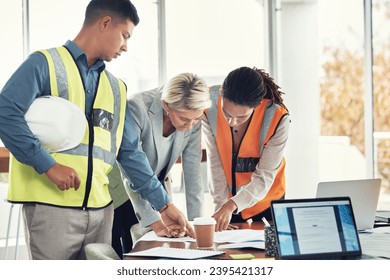 Engineering, teamwork and meeting with people in office for construction, designer and building. Collaboration, review and planning with group in architecture firm for project management and goal - Powered by Shutterstock