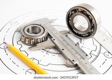 Engineering tools and mechanical industrial with vernier caliper and metal ball bering. - Powered by Shutterstock