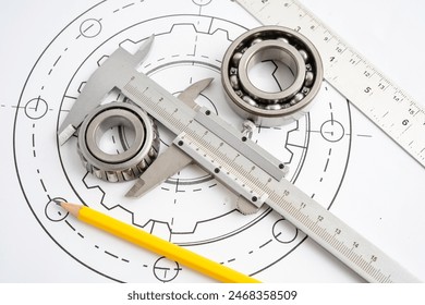 Engineering tools and mechanical industrial with vernier caliper and metal ball bering. - Powered by Shutterstock