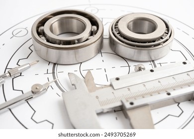 Engineering tools and mechanical industrial with vernier caliper and metal ball bering. - Powered by Shutterstock