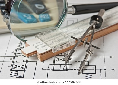 engineering tools on a technical drawing