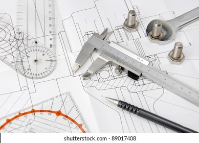 engineering tools on technical drawing
