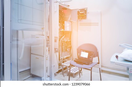 The Engineering Use Computer Checking And Maintenance  Repairing Or Preventive Maintenance-PM And Checking Every 3 Month X-ray Machine  / X-ray Engine In The Hospital. Services Concept.