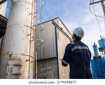 Engineering work using digital tablet maintenance Exhaust system concept Clean air environmental protection. Factory industrial manufacturing. Sustainable future environment air pollution reduction
