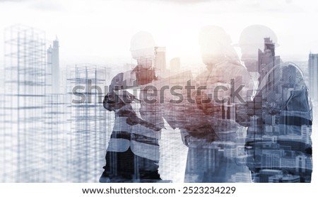 Engineering worker industry double exposure city teamwork concept, hands uniting working as a team builder, contractor technician, architect co workers using blueprint plan, background blue banner.