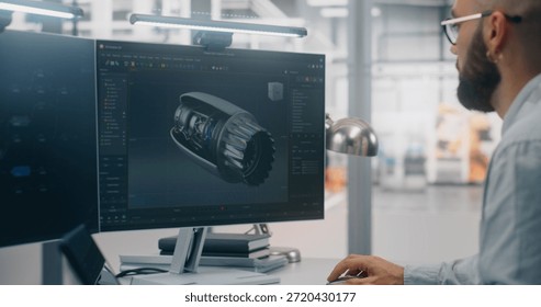 Engineers Analyzing Complex Engine Model on Monitor. Man and Woman Engineering Team Collaborating Over Large Monitor Displays Detailed 3D Model of Mechanical Part. Concept of Collaborative 3D Design.