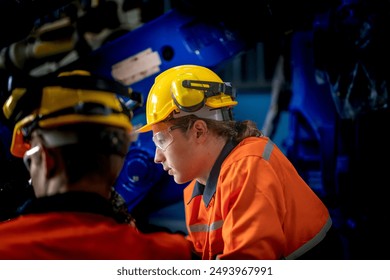 engineers check control heavy machine robot arm. Diverse Team of Industrial Robotics Engineers Gathered Around Machine. Professional Machinery Operators repair electric robot on bright digital panel. - Powered by Shutterstock