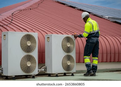 Engineers is checking the air conditioning cooling system of a major building or industrial facility.