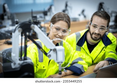engineers checking or maintenance electronic in AI Robot, robot arm in the manufacturing automation and transportation robotics. Robotics, Robot for industry. Collaborative robot, safe, flexible. AI