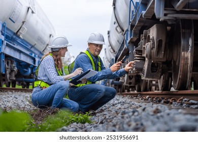 Engineers Checking Train Spring Mechanism: Rail Maintenance, Safety Inspection, and Industrial Logistics.Engineer wearing safety uniform and safety helmet in work
