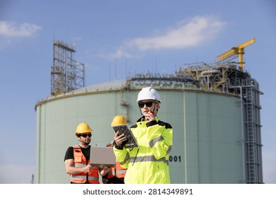 Engineers collaborating at construction site with safety gear monitoring progress of industrial project against clear sky