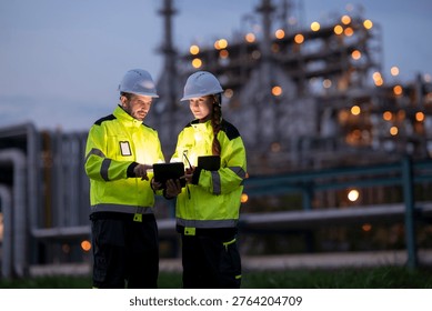 Engineers collaborating at night using a digital tablet at an industrial facility