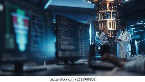 Engineers Collaborating on Quantum Computer Development, Analyzing Data on Advanced AI Software in a Research Center. Diverse Team Focusing on Innovation and Technology Breakthroughs