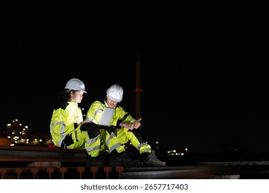 Engineers Collaborating on Site with Tablet in the Dark, Night Shift Crew Working on Industrial Project with Technology, Team of Workers Conducting Operations at Oil Storage Field Industrial Site