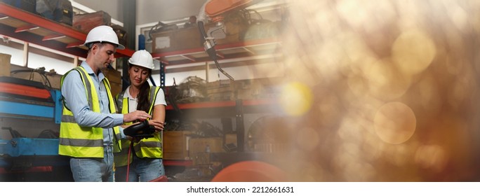 Engineers is controlling robot arm machine welding steel, worker using forcing welding with a control screen which is used for precision welding control, Banner cover design. - Shutterstock ID 2212661631