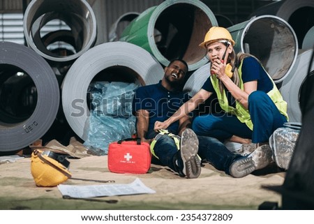 Engineers have an accident while working in metal sheet at industry. Foreman checking Material or Machine. Technician working in metal sheet at industry.