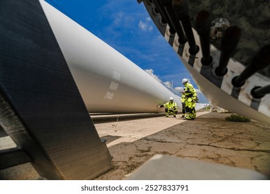 engineers in high visibility safety gear conduct a detailed inspection of a wind turbine blade at a construction site. The massive blade lays on the ground, highlighting renewable energy technology. - Powered by Shutterstock