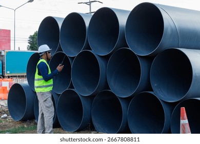 Engineers are inspecting the readiness and completeness of a large construction project involving pipe laying and road construction.Civil engineer,construction,roadconstruction,engineer,drainage pipe.