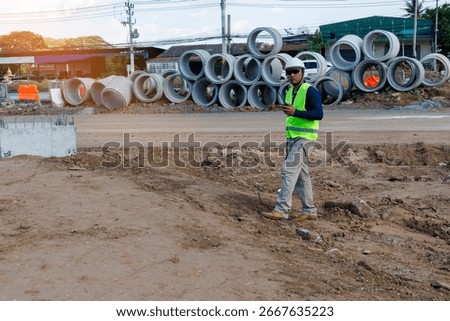 Engineers are inspecting the readiness and completeness of a large construction project involving pipe laying and road construction.Civil engineer,construction,roadconstruction,engineer,drainage pipe.