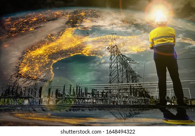 Engineers Look At The High Voltage Switchyard That Generates Electricity For The People On Earth, Energy Investment Ideas And Finding New Energy To Meet The World's Electricity Demand.