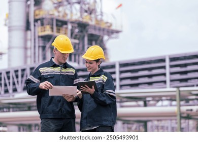 Engineers male, female working with tablet in industry oil refinery oil, gas refinery background, Business petrochemical industrial  Ecosystem estates. Fuel refinery industry for transportation. - Powered by Shutterstock