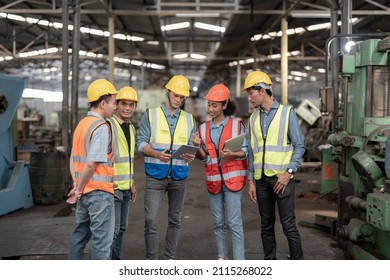 Engineers Meeting. Factory Worker People Walk And Check In Warehouse Factory. Manager Discuss Inspection Report For Internal Audit. Quality Assurance For Manufacturing. Concept Engineer Operating.