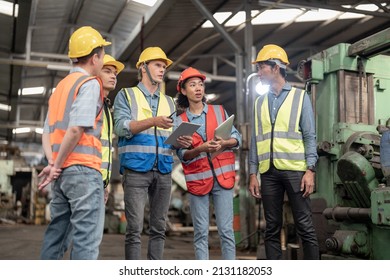 Engineers Meeting. Factory Worker People Walk And Check In Warehouse Factory. Manager Discuss Inspection Report For Internal Audit. Quality Assurance For Manufacturing. Concept Engineer Operating.