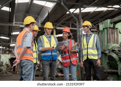 Engineers Meeting. Factory Worker People Walk And Check In Warehouse Factory. Manager Discuss Inspection Report For Internal Audit. Quality Assurance For Manufacturing. Concept Engineer Operating.