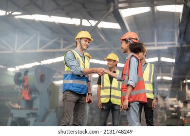 Engineers Meeting And Shaking Hand. Factory Worker People Walk And Check In Warehouse Factory. Manager Inspecting Internal Audit. Quality Assurance For Manufacturing. Concept Engineer Operating.