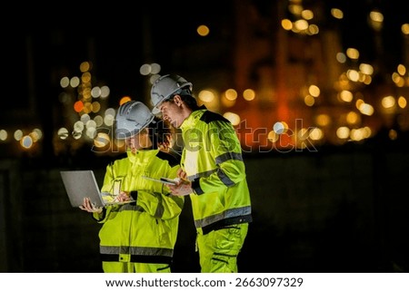 Engineers on a night shift at a refinery. A female technician with a laptop points out details to a colleague, collaborating on industrial operations with modern digital technology.