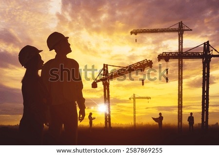 Engineers Overseeing Construction Site at Sunset with Tower Cranes