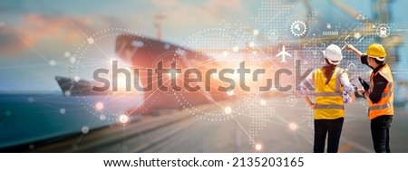 Engineers pointing virtual interface panel of global logistics network distribution and transportation, Smart logistics, Import export and industry, Technology and innovation future of transport. 