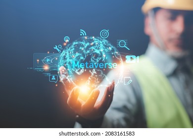 Engineers show cloud storage, the future of metaverse, a global internet connection technology.
