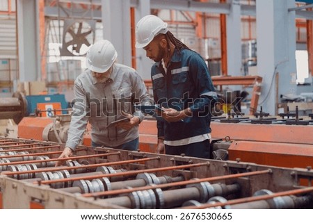 Engineers and staff are inspecting systems and components in a metal sheet and metal roofing manufacturing plant.