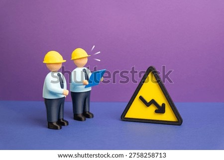 Engineers studying a performance decline. Declining performance, problems, and solutions. Technical analysis identifies issues. Optimization strategies improve efficiency and restore