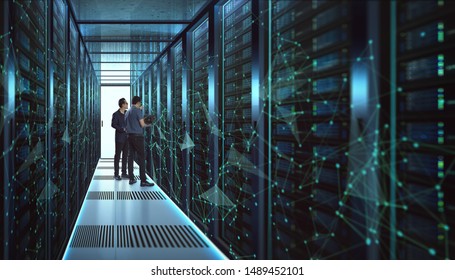 IT Engineers and Technician discussing technical problem in server room with data connection visual effect . - Shutterstock ID 1489452101
