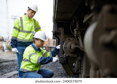 engineers or technicians checking and fixing train at station