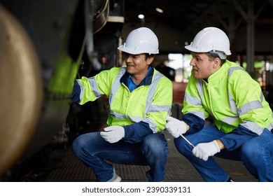 engineers or technicians checking and fixing under train at station