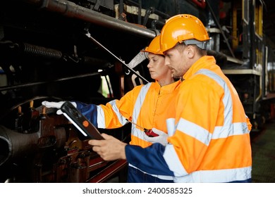engineers or technicians working and checking construction train at station