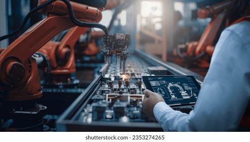 Engineers test the control of robot arm, Intelligent machine in factory industrial on real-time monitoring system software. Robots weld workpieces and produce industrial parts to reduce human labor.