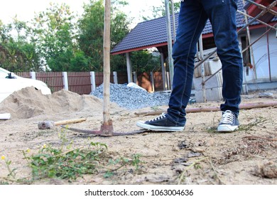 engineers are testing the soil for the construction of the concrete floor.