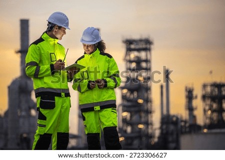 Engineers Using Digital Tablet for Technical Inspection at Oil Refinery Plant During Sunset, Industrial Specialists Discussing Green Energy Project and Sustainability at Petrochemical Factory